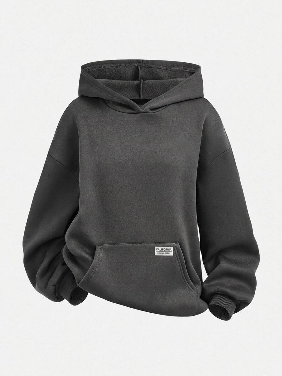SHEIN 青少年女孩深灰色休閒連帽衛衣,秋冬款,附口袋,十字設計,百搭長袖套頭衫,口號貼布灰色 - 深灰色 - 查看 1