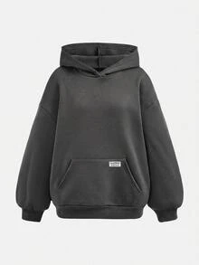 SHEIN 青少年女孩深灰色休閒連帽衛衣，秋冬款，附口袋，十字設計，百搭長袖套頭衫，口號貼布灰色 - 深灰色 - 查看 5