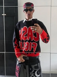 STEELVANCE Men's Letter Flame Pattern Drop Shoulder Long Sleeve Casual Streetwear Sweater Going Out Rave Outing Black And Red Halloween Fall And Winter - Black - View 8