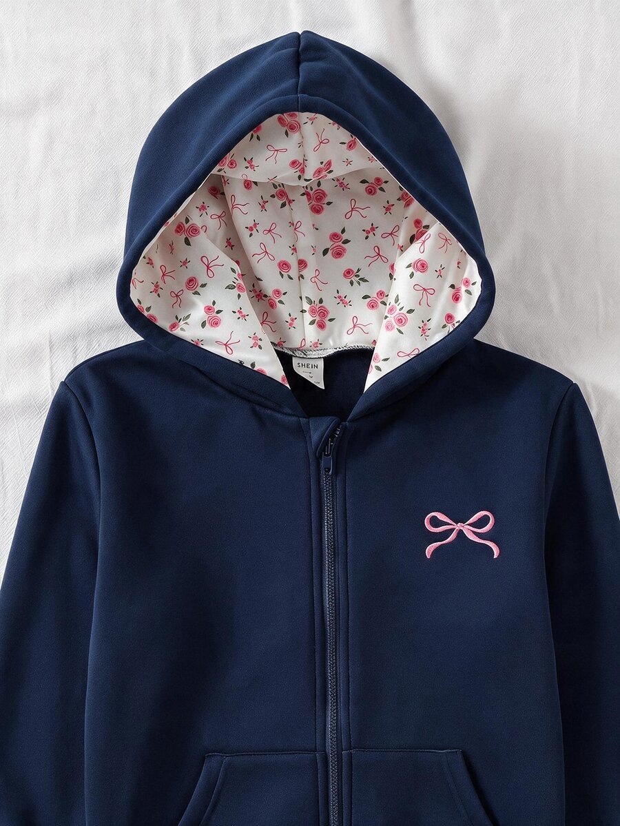 SHEIN 青少年女孩可愛甜美度假休閒酷女孩花卉蝴蝶結印花連帽拉鍊寬鬆外套，秋冬季校園大學海軍藍