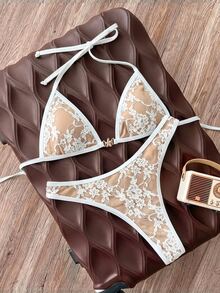 SHEIN Swim 女款秋冬優雅高衩比基尼套裝，性感熱辣泳衣，適合派對、海灘、白色婚禮 - 白色 - 查看 3