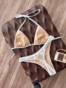 SHEIN Swim 女款秋冬優雅高衩比基尼套裝，性感熱辣泳衣，適合派對、海灘、白色婚禮 - 白色 - 查看 4