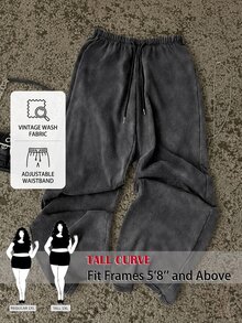 SHEIN Tall CURVE 大尺碼女款純色抽繩腰寬腿休閒寬鬆90年代街頭風傳統運動長褲 正式度假晚裝灰色夏季 - 深灰色 - 查看 4