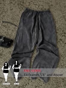 SHEIN Tall CURVE 大尺碼女款純色抽繩腰寬腿休閒寬鬆90年代街頭風傳統運動長褲 正式度假晚裝灰色夏季 - 深灰色 - 查看 2