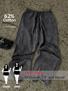 SHEIN Tall CURVE 大尺碼女款純色抽繩腰寬腿休閒寬鬆90年代街頭風傳統運動長褲 正式度假晚裝灰色夏季 - 深灰色 - 查看 1