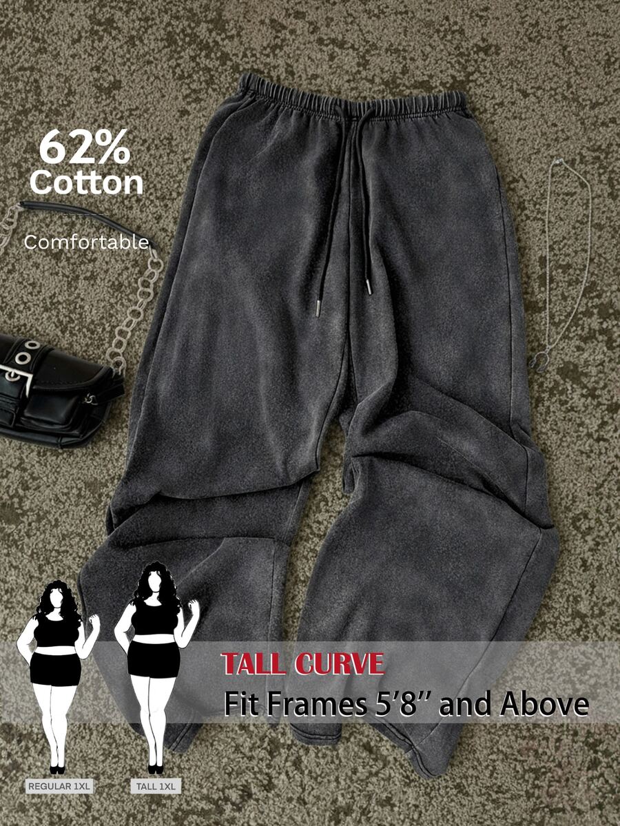 SHEIN Tall CURVE 大尺碼女款純色抽繩腰寬腿休閒寬鬆90年代街頭風傳統運動長褲 正式度假晚裝灰色夏季 - 深灰色 - 查看 1