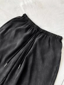 SHEIN Tall CURVE 大尺碼女款純色抽繩腰寬腿休閒寬鬆90年代街頭風傳統運動長褲 正式度假晚裝灰色夏季 - 深灰色 - 查看 6