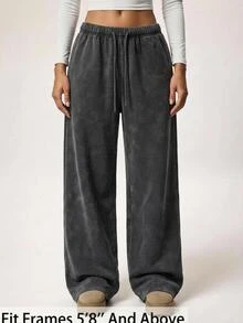 SHEIN Tall CURVE 大尺碼女款純色抽繩腰寬腿休閒寬鬆90年代街頭風傳統運動長褲 正式度假晚裝灰色夏季 - 深灰色 - 查看 9