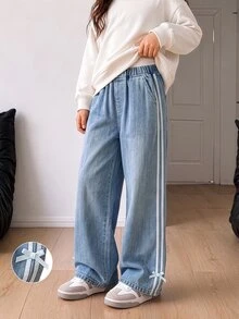 青少年女孩美式復古返校季休閒高腰寬腿藍色水洗長褲，秋冬休閒高腰寬腿長款藍色鬆弛褲，休閒日常穿搭，白色雙條紋蝴蝶結設計 - 淺色水洗藍 - 查看 9