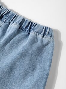 青少年女孩美式復古返校季休閒高腰寬腿藍色水洗長褲，秋冬休閒高腰寬腿長款藍色鬆弛褲，休閒日常穿搭，白色雙條紋蝴蝶結設計 - 淺色水洗藍 - 查看 12