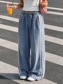 青少年女孩美式復古返校季休閒高腰寬腿藍色水洗長褲，秋冬休閒高腰寬腿長款藍色鬆弛褲，休閒日常穿搭，白色雙條紋蝴蝶結設計 - 淺色水洗藍 - 查看 4