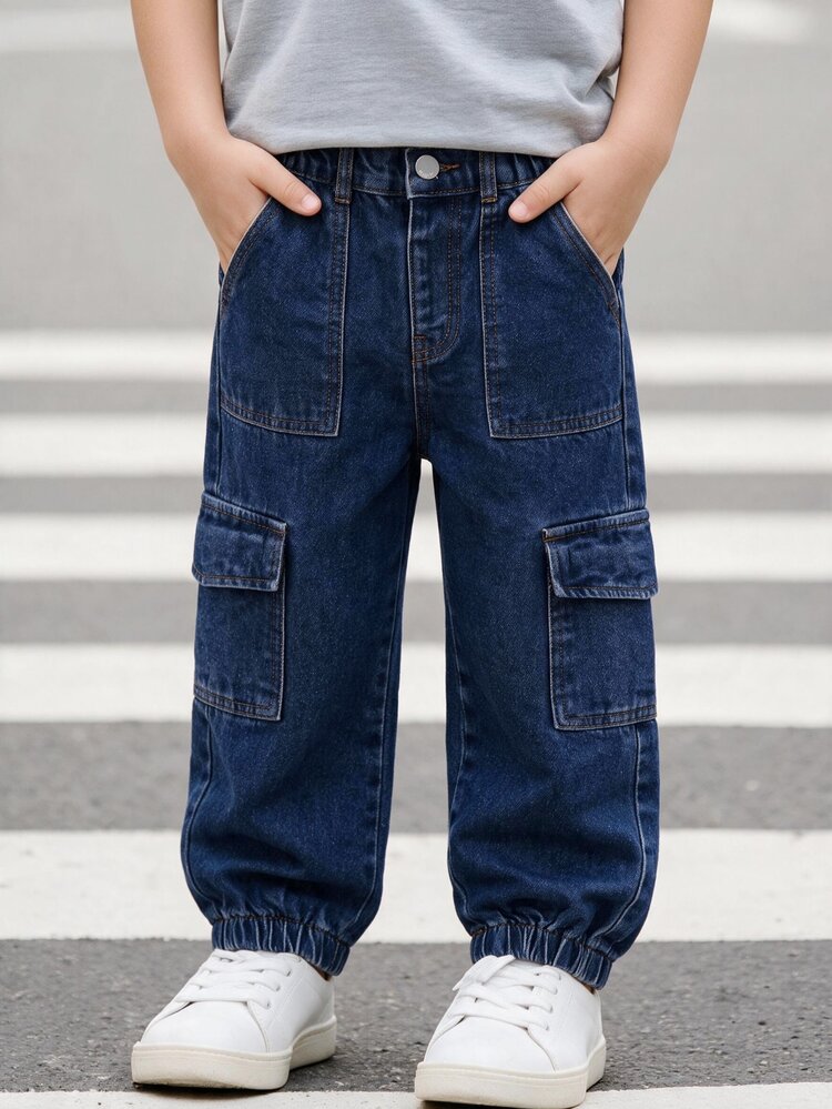 SHEIN Boys' Denim Jeans, Autumn/Winter New Arrival, Dark Blue, Tapered Loose Fit, Multi-Pocket Design, Made Of Lightweight And Soft Denim Fabric For Comfortable Wear, Essential For Fashionable Boys, Simple Casual Style Suitable For All Seasons, Perfect For Daily Wear, Photography, Shopping, Outings, Gatherings And More, 2026 New Boys' Denim Jeans - Dark Wash - View 3