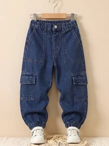 SHEIN 男童牛仔長褲，秋冬新品，深藍色，錐形寬鬆版型，多口袋設計，輕量柔軟牛仔布料，舒適穿著，時尚男孩必備，簡約休閒風格，適合四季，完美適用於日常穿著、拍照、購物、外出、聚會等，2026新款男童牛仔長褲 - 深色水洗藍 - 查看 5