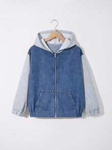 SHEIN Genkimix Kids Pakaian Anak Laki-Laki Remaja Musim Semi, Musim Gugur, dan Musim Dingin: Kardigan Rajut Blok Warna Bergaya & Longgar dengan Resleting / Jaket Denim Longgar (100% Katun) - Medium Wash - View 9