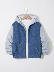 SHEIN Genkimix Kids Pakaian Anak Laki-Laki Remaja Musim Semi, Musim Gugur, dan Musim Dingin: Kardigan Rajut Blok Warna Bergaya & Longgar dengan Resleting / Jaket Denim Longgar (100% Katun) - Medium Wash - View 3