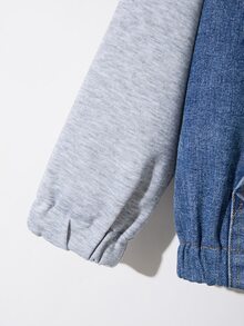 SHEIN Genkimix Kids Pakaian Anak Laki-Laki Remaja Musim Semi, Musim Gugur, dan Musim Dingin: Kardigan Rajut Blok Warna Bergaya & Longgar dengan Resleting / Jaket Denim Longgar (100% Katun) - Medium Wash - View 7