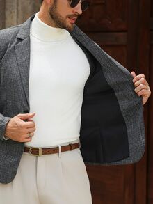 Manfinity Mode 男士時尚簡約格紋單排扣西裝，適合日常外出、休閒通勤及其他場合... - 灰色 - 查看 7