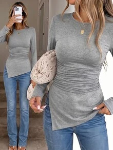 Easowa Kaos Kasual Musim Gugur Model Potongan Pas Badan dengan Detail Kerut dan Belahan di Bagian Bawah, Cocok untuk Aktivitas Sehari-hari, Warna Abu-abu Muda. - Light Grey - View 9