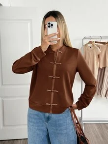 Easowa Women's Casual Relaxed Elegant Old Money Style Baseball Jacket With Frog Button Decor And Zipper Front, Autumn/Winter - Brown - View 5