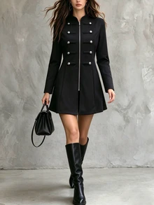 INAWLY Women's Vintage Metal Double-Breasted Fitted Napoleon Jacket - Black - View 4