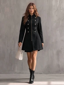 INAWLY Women's Vintage Metal Double-Breasted Fitted Napoleon Jacket - Black - View 2