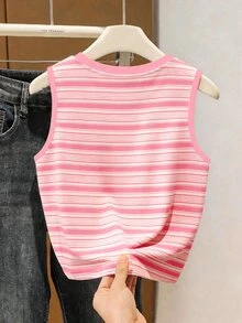 Young Girl' Cowgirl Striped Top, Contrast Trim Sleeveless Design, Korean Style Casual Everyday Wear, Pink Baby Shower Summer - Multicolor - View 2