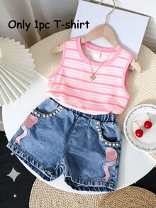 Young Girl' Cowgirl Striped Top, Contrast Trim Sleeveless Design, Korean Style Casual Everyday Wear, Pink Baby Shower Summer - Multicolor - View 1