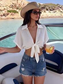 SHEIN Swim 女性純色蝙蝠袖和服式罩衫,前方綁結細節 - 白色 - 查看 4