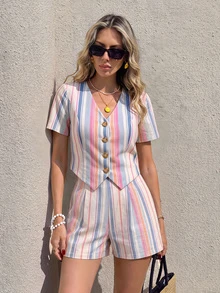 Serisse Autumn New Arrival Daily Beach Style Striped Single-Breasted Vest & Shorts 2 Pieces Set - Multicolor - View 8