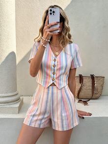 Serisse Autumn New Arrival Daily Beach Style Striped Single-Breasted Vest & Shorts 2 Pieces Set - Multicolor - View 6