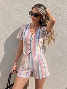 Serisse Autumn New Arrival Daily Beach Style Striped Single-Breasted Vest & Shorts 2 Pieces Set - Multicolor - View 7