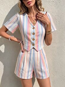 Serisse Autumn New Arrival Daily Beach Style Striped Single-Breasted Vest & Shorts 2 Pieces Set - Multicolor - View 5