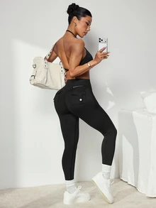 Easithlete 1件常規款緊身褲，口袋設計，提臀塑腰，壓力塑形，熱轉印，基礎款，黑色，健身瑜珈用 - 黑色 - 查看 5