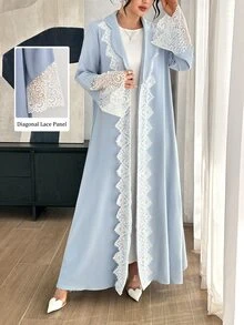Graceveil Women's Contrast Lace Long Sleeve Elegant Arabic Abaya - Baby Blue - View 1