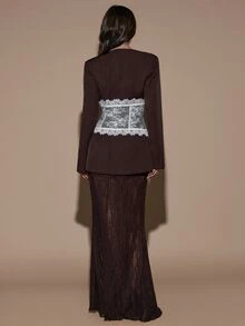 SHEIN BAE Women's Lace Patchwork Long Sleeve Jacket And Skirt Fashion Suit Set - Brown - View 3