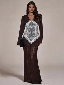 SHEIN BAE Women's Lace Patchwork Long Sleeve Jacket And Skirt Fashion Suit Set - Brown - View 1