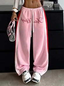Muchica Women's Drawstring Tie Letter Pattern Striped Knit Printed Sweatpants Pink And Red Contrasting Casual Autumn And Winter Y2K Sports - Baby Pink - View 6