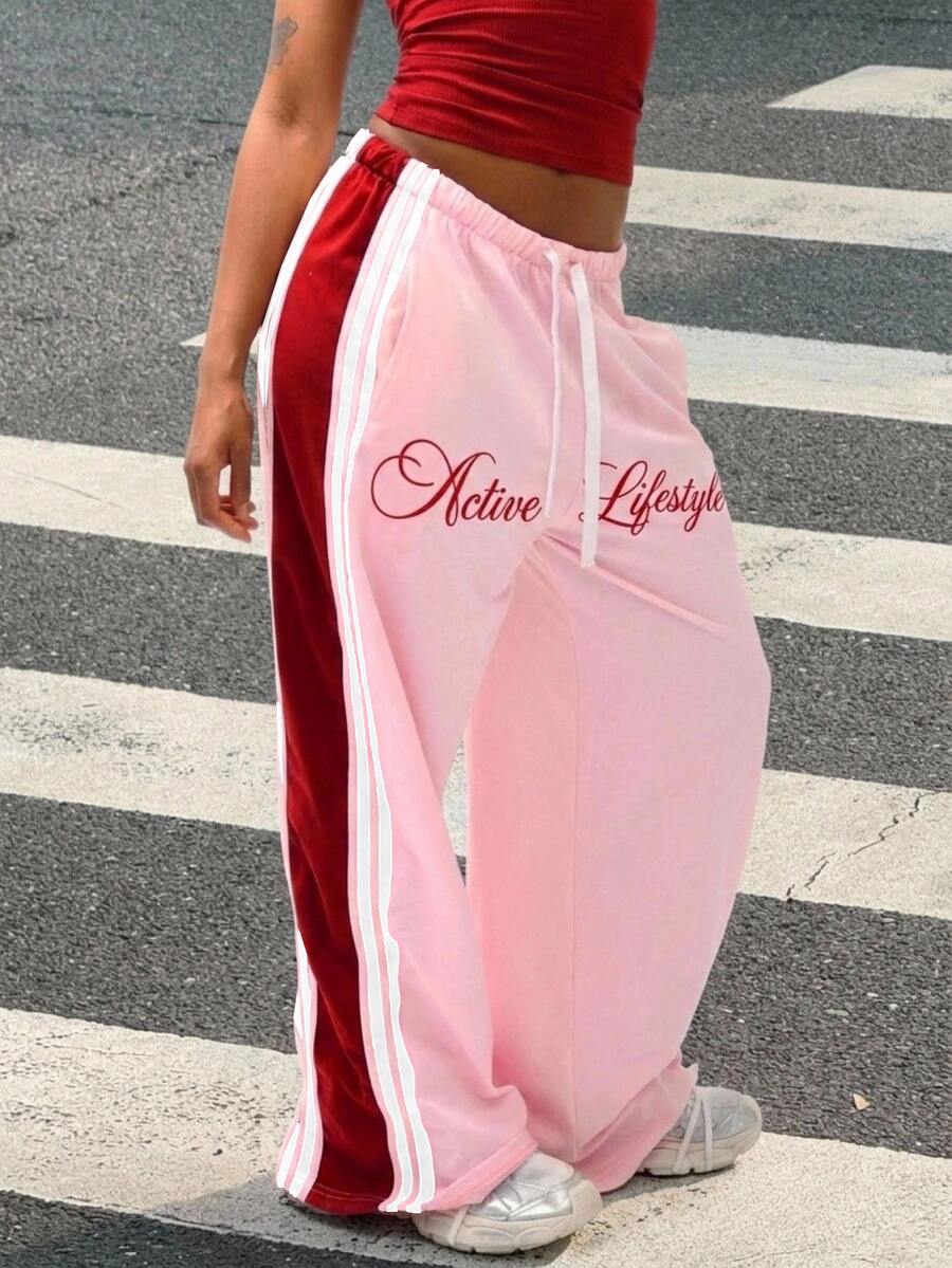Muchica Women's Drawstring Tie Letter Pattern Striped Knit Printed Sweatpants Pink And Red Contrasting Casual Autumn And Winter Y2K Sports - Baby Pink - View 1