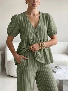 Lavishia 女款夏季舒適亞麻套裝，荷葉邊上衣配條紋長褲，度假派對早午餐穿搭，綠白條紋法式休閒風 - 軍綠色 - 查看 9