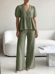 Lavishia 女款夏季舒適亞麻套裝，荷葉邊上衣配條紋長褲，度假派對早午餐穿搭，綠白條紋法式休閒風 - 軍綠色 - 查看 4
