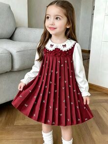 Playful Pals 女童復古酒紅色長袖洋裝，蕾絲飾邊彼得潘領搭配刺繡蝴蝶結，2合1拼接設計，滿版蝴蝶結印花百褶裙，柔和英歐風，舒適面料，寬鬆版型，適合日常穿著、派對、旅行，優雅穿搭 - 酒紅色 - 查看 5
