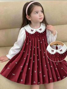 Playful Pals 女童復古酒紅色長袖洋裝，蕾絲飾邊彼得潘領搭配刺繡蝴蝶結，2合1拼接設計，滿版蝴蝶結印花百褶裙，柔和英歐風，舒適面料，寬鬆版型，適合日常穿著、派對、旅行，優雅穿搭 - 酒紅色 - 查看 4