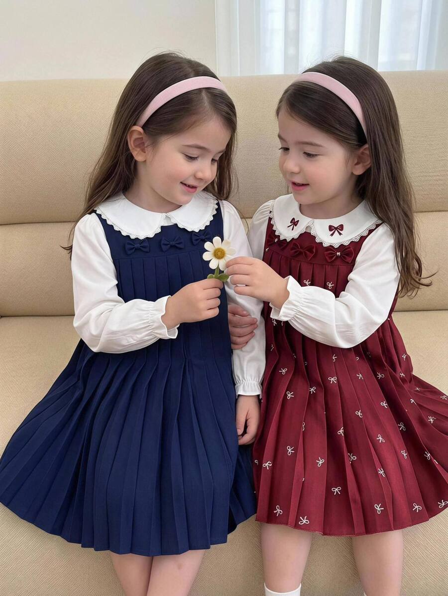 Playful Pals 女童復古酒紅色長袖洋裝,蕾絲飾邊彼得潘領搭配刺繡蝴蝶結,2合1拼接設計,滿版蝴蝶結印花百褶裙,柔和英歐風,舒適面料,寬鬆版型,適合日常穿著、派對、旅行,優雅穿搭 - 酒紅色 - 查看 1