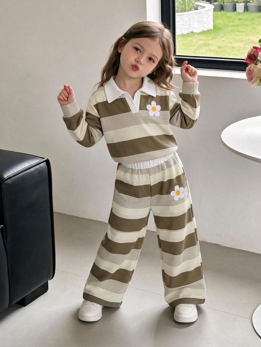 SHEIN Elladie kids 女童學院風 Polo 領 2 件套,海軍藍撞色翻領長袖上衣 + 高腰寬腿褲,經典馬術刺繡休閒套裝,春夏秋冬百搭運動風,適合校園與日常穿著 - 卡其色 - 查看 1