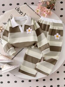 SHEIN Elladie kids 女童學院風 Polo 領 2 件套，海軍藍撞色翻領長袖上衣 + 高腰寬腿褲，經典馬術刺繡休閒套裝，春夏秋冬百搭運動風，適合校園與日常穿著 - 卡其色 - 查看 3