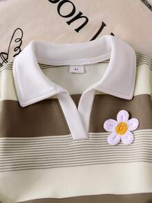 SHEIN Elladie kids 女童學院風 Polo 領 2 件套，海軍藍撞色翻領長袖上衣 + 高腰寬腿褲，經典馬術刺繡休閒套裝，春夏秋冬百搭運動風，適合校園與日常穿著 - 卡其色 - 查看 6