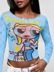 THE POWERPUFF GIRLS X SHEIN Women's Letter Cartoon Print Casual Daily Long Sleeve Top - Blue - View 6