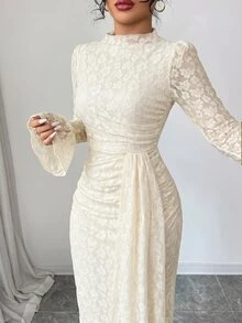 Modelyn French Design Lace High Neck Flared Waist Ruched Slim Fit Dress For Women - Apricot - View 2