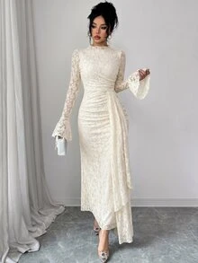 Modelyn French Design Lace High Neck Flared Waist Ruched Slim Fit Dress For Women - Apricot - View 4