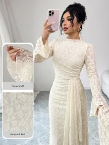 Modelyn French Design Lace High Neck Flared Waist Ruched Slim Fit Dress For Women - Apricot - View 3